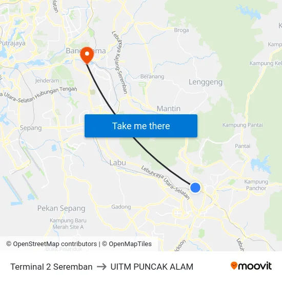 Terminal 2 Seremban to UITM PUNCAK ALAM map
