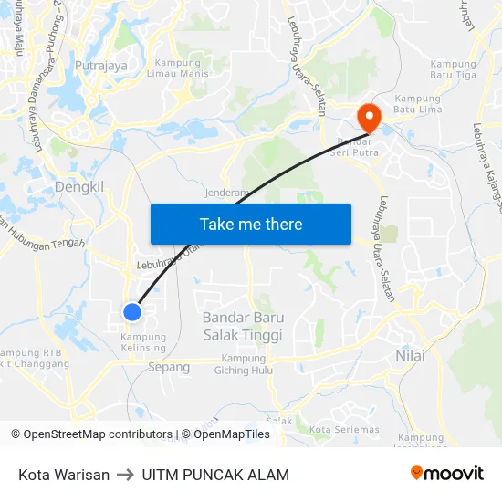 Kota Warisan to UITM PUNCAK ALAM map