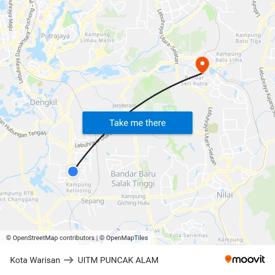 Kota Warisan to UITM PUNCAK ALAM map