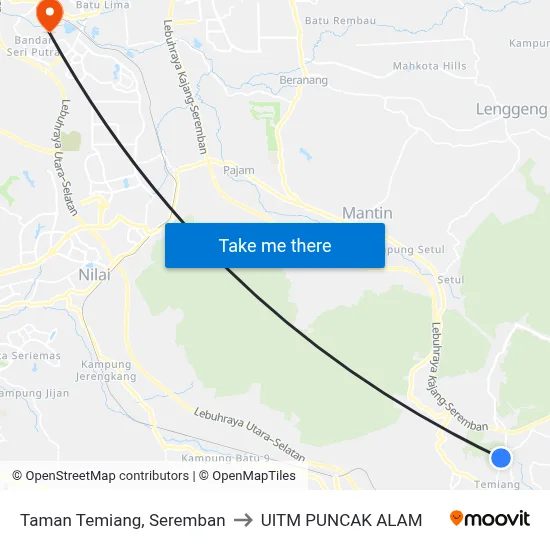 Taman Temiang, Seremban to UITM PUNCAK ALAM map