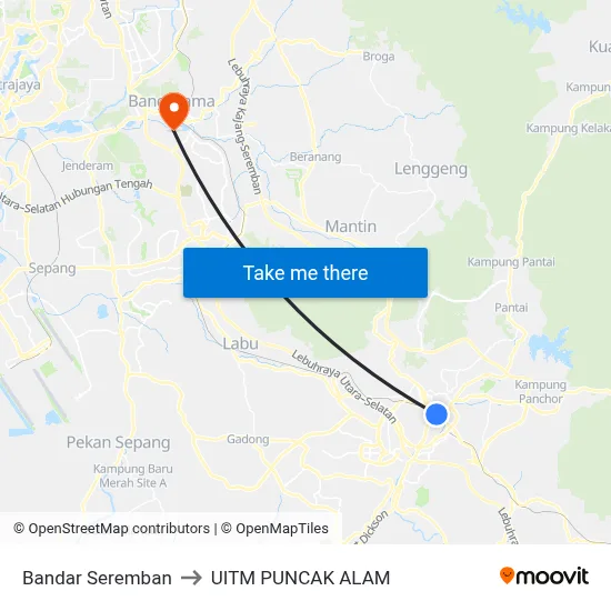 Bandar Seremban to UITM PUNCAK ALAM map