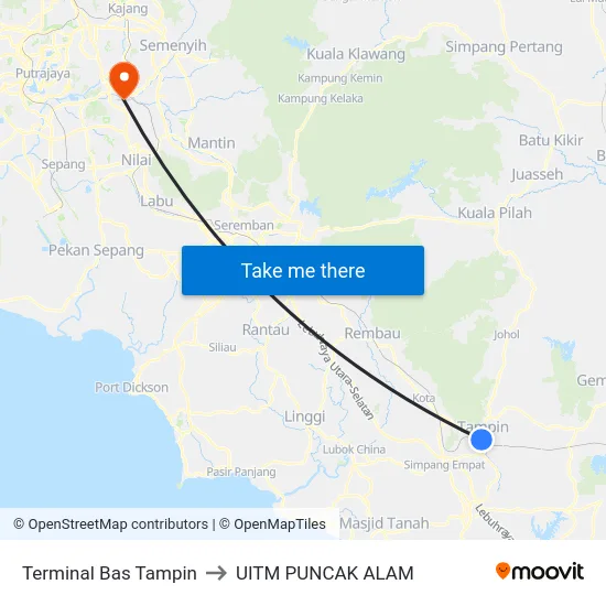 Terminal Bas Tampin to UITM PUNCAK ALAM map
