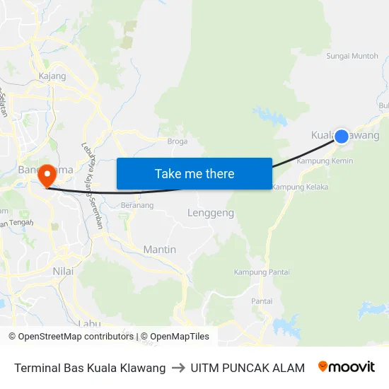 Terminal Bas Kuala Klawang to UITM PUNCAK ALAM map