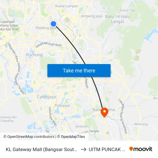 KL Gateway Mall (Bangsar South Shuttle) to UITM PUNCAK ALAM map