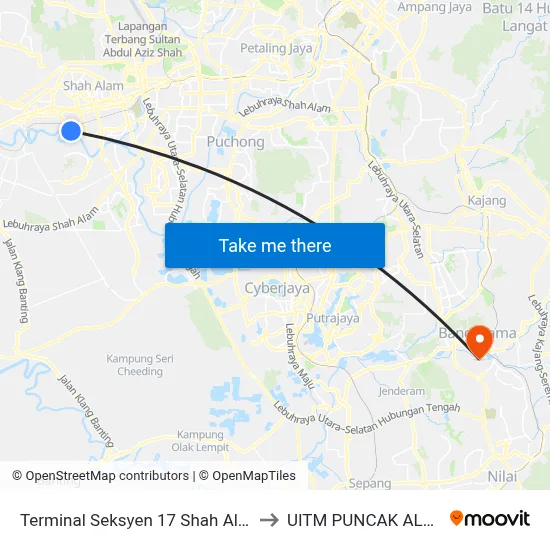 Terminal Seksyen 17 Shah Alam to UITM PUNCAK ALAM map