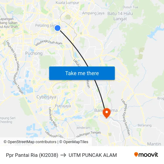 Ppr Pantai Ria (Kl2038) to UITM PUNCAK ALAM map