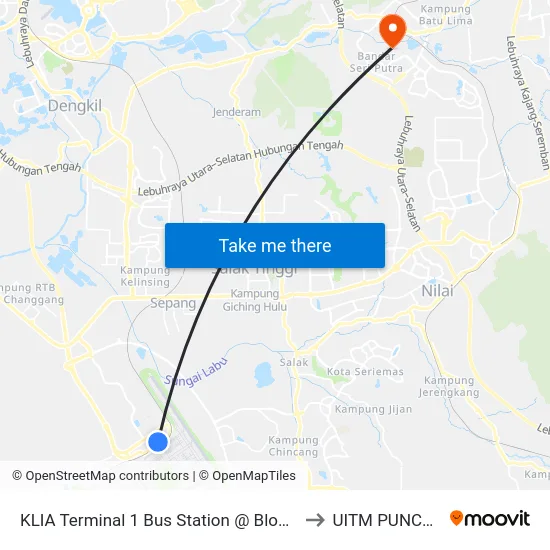 KLIA Terminal 1 Bus Station @ Block C (Sp355/Sp356) to UITM PUNCAK ALAM map