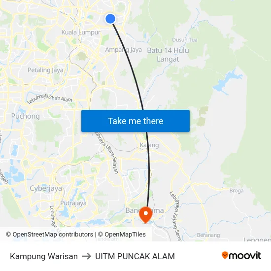 Kampung Warisan to UITM PUNCAK ALAM map