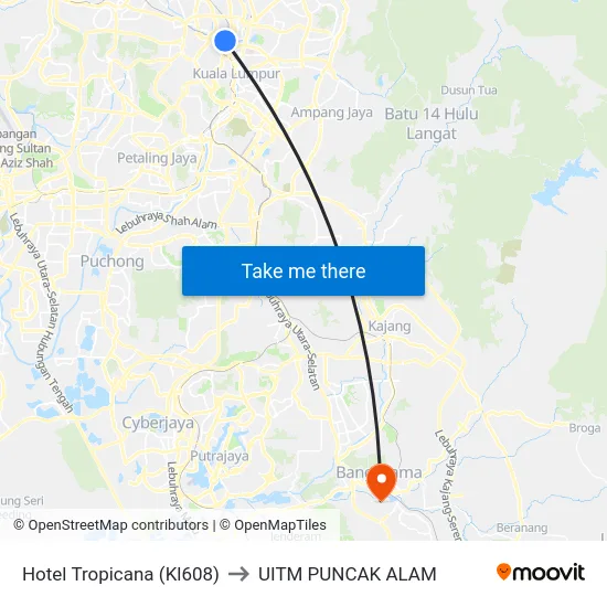 Hotel Tropicana (Kl608) to UITM PUNCAK ALAM map
