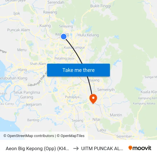 Aeon Big Kepong (Opp) (Kl485) to UITM PUNCAK ALAM map