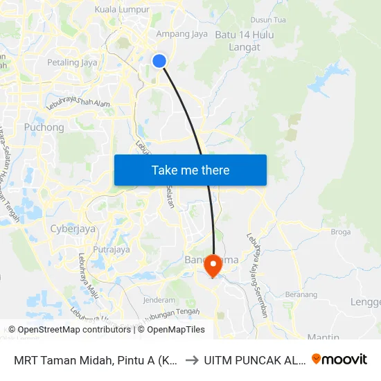 MRT Taman Midah, Pintu A (Kl799) to UITM PUNCAK ALAM map