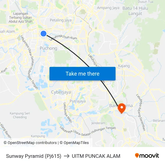 Sunway Pyramid (Pj615) to UITM PUNCAK ALAM map