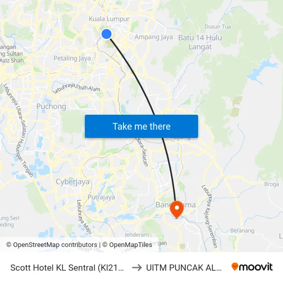 Scott Hotel KL Sentral (Kl2145) to UITM PUNCAK ALAM map