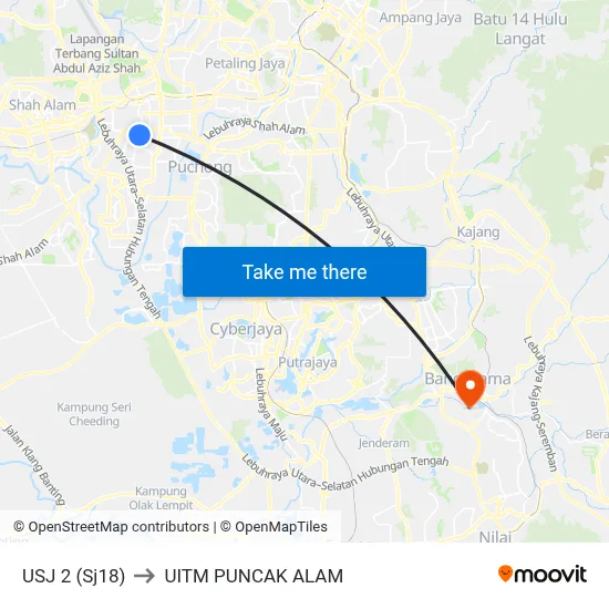 USJ 2 (Sj18) to UITM PUNCAK ALAM map