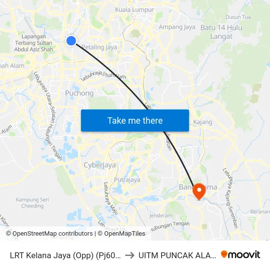 LRT Kelana Jaya (Opp) (Pj603) to UITM PUNCAK ALAM map