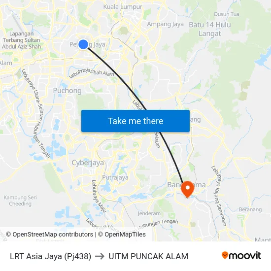 LRT Asia Jaya (Pj438) to UITM PUNCAK ALAM map