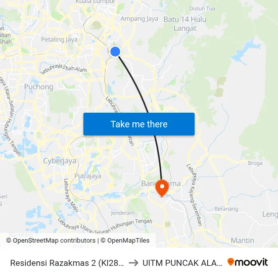 Residensi Razakmas 2 (Kl287) to UITM PUNCAK ALAM map