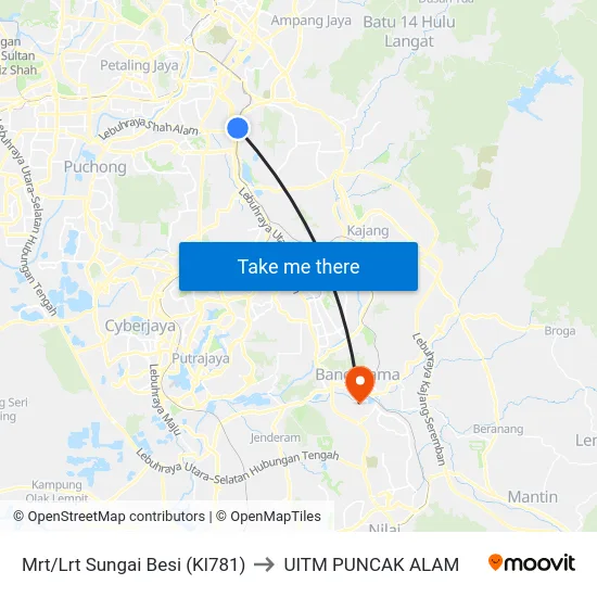 Mrt/Lrt Sungai Besi (Kl781) to UITM PUNCAK ALAM map