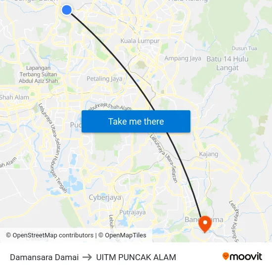 Damansara Damai to UITM PUNCAK ALAM map