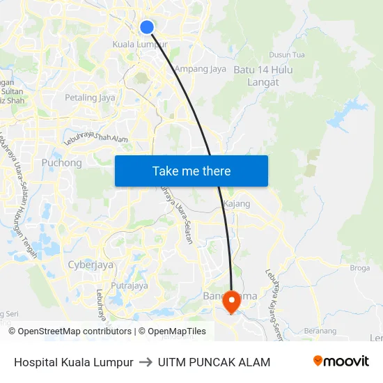 Hospital Kuala Lumpur to UITM PUNCAK ALAM map