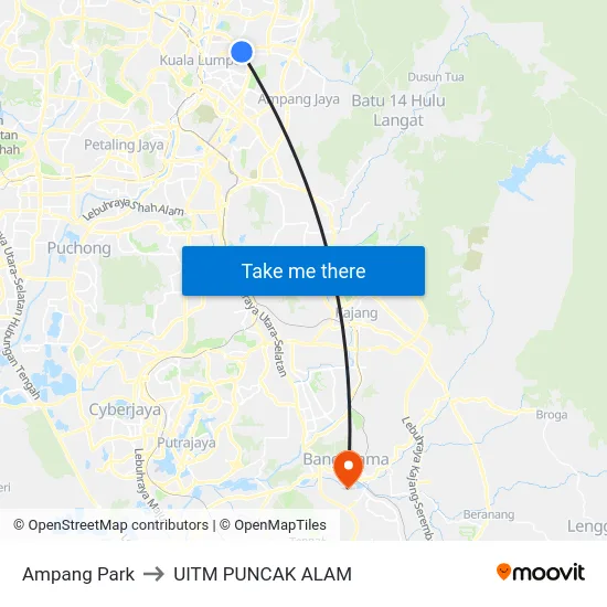 Ampang Park to UITM PUNCAK ALAM map