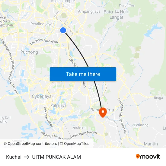 Kuchai to UITM PUNCAK ALAM map