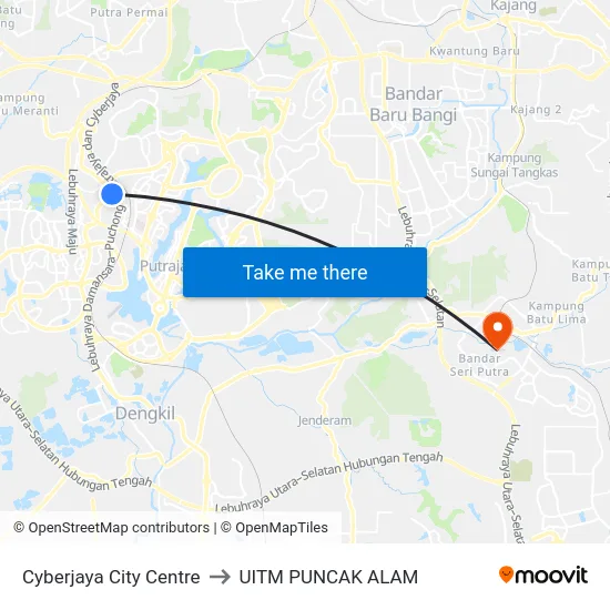 Cyberjaya City Centre to UITM PUNCAK ALAM map
