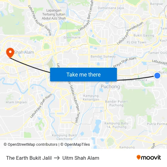 The Earth Bukit Jalil to Uitm Shah Alam map