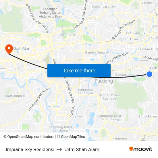Impiana Sky Residensi to Uitm Shah Alam map