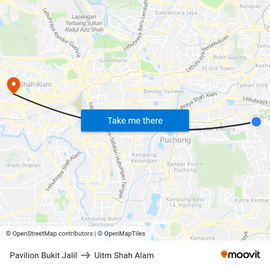 Pavilion Bukit Jalil to Uitm Shah Alam map