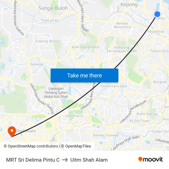 MRT Sri Delima Pintu C to Uitm Shah Alam map