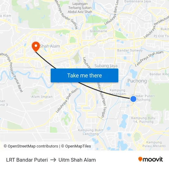 LRT Bandar Puteri to Uitm Shah Alam map