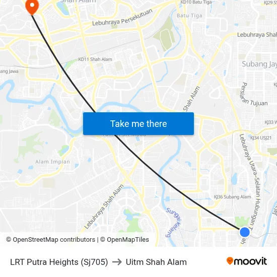 LRT Putra Heights (Sj705) to Uitm Shah Alam map