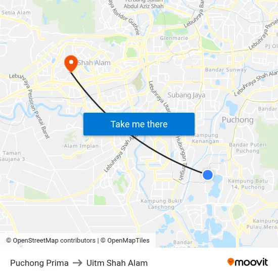 Puchong Prima to Uitm Shah Alam map