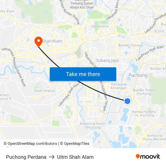 Puchong Perdana to Uitm Shah Alam map
