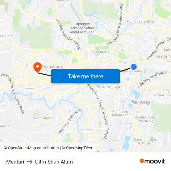 Mentari to Uitm Shah Alam map
