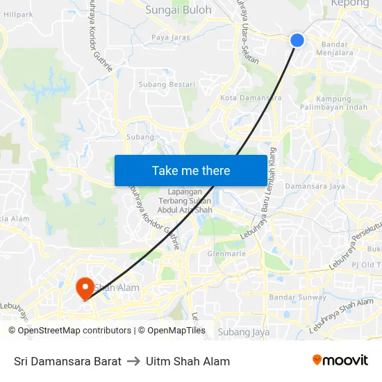 Sri Damansara Barat to Uitm Shah Alam map