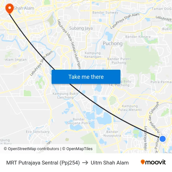 MRT Putrajaya Sentral (Ppj254) to Uitm Shah Alam map