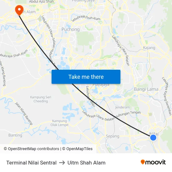 Terminal Nilai Sentral to Uitm Shah Alam map