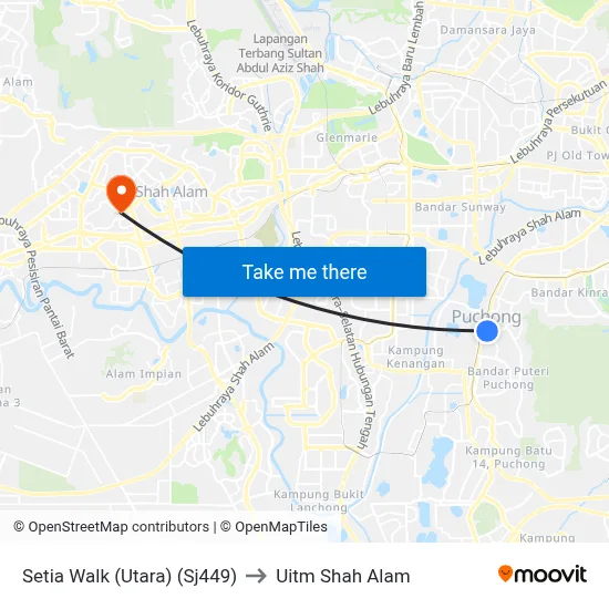 Setia Walk (Utara) (Sj449) to Uitm Shah Alam map