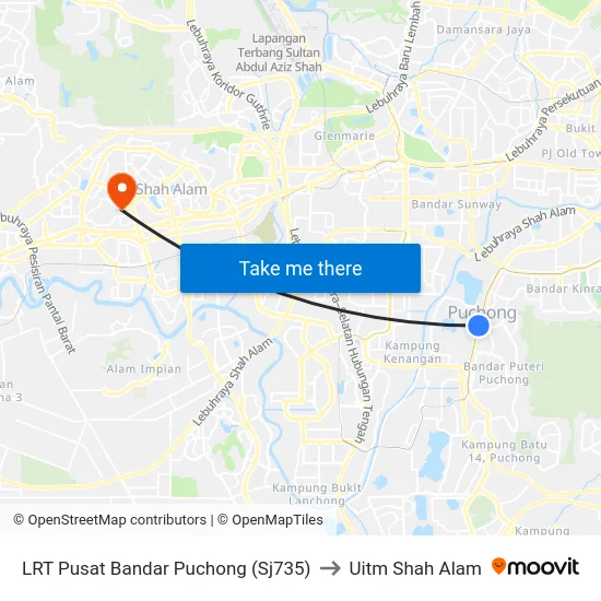 LRT Pusat Bandar Puchong (Sj735) to Uitm Shah Alam map