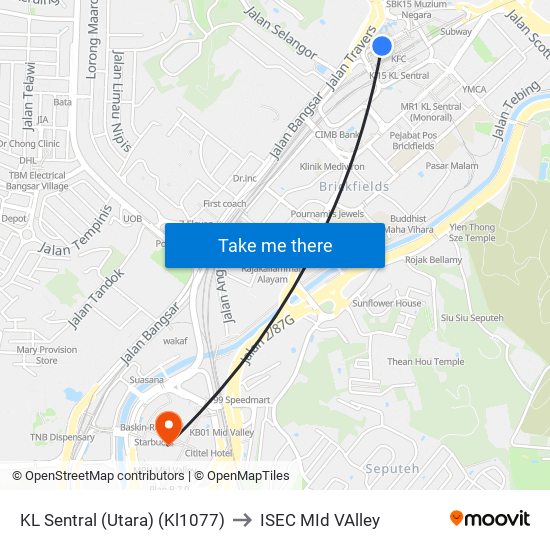 KL Sentral (Utara) (Kl1077) to ISEC MId VAlley map