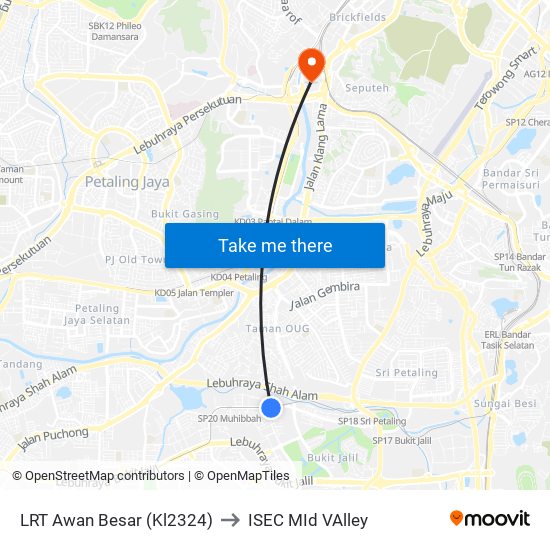 LRT Awan Besar (Kl2324) to ISEC MId VAlley map