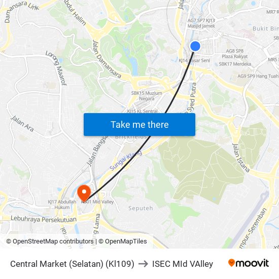 Central Market (Selatan) (Kl109) to ISEC MId VAlley map