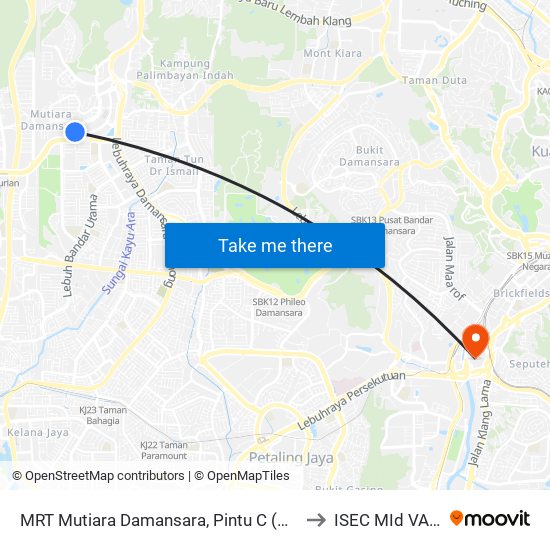 MRT Mutiara Damansara, Pintu C (Pj814) to ISEC MId VAlley map