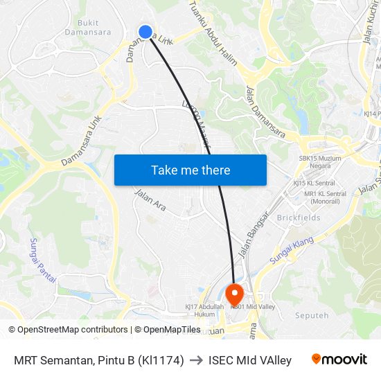 MRT Semantan, Pintu B (Kl1174) to ISEC MId VAlley map