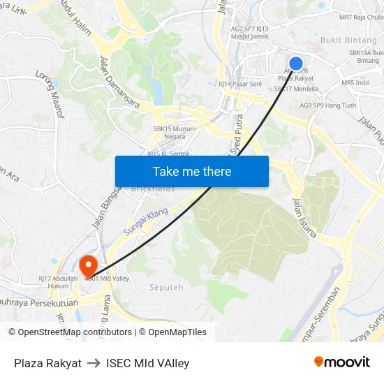 Plaza Rakyat to ISEC MId VAlley map