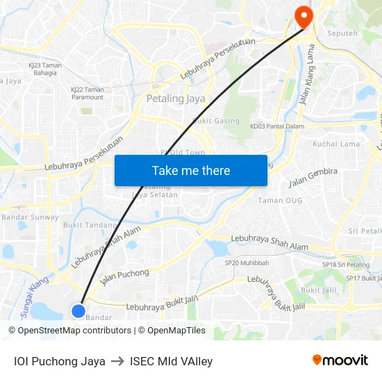 IOI Puchong Jaya to ISEC MId VAlley map