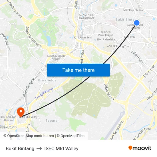 Bukit Bintang to ISEC MId VAlley map