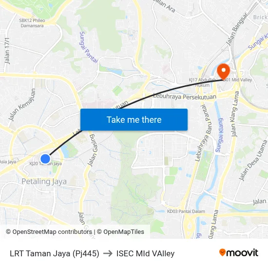 LRT Taman Jaya (Pj445) to ISEC MId VAlley map